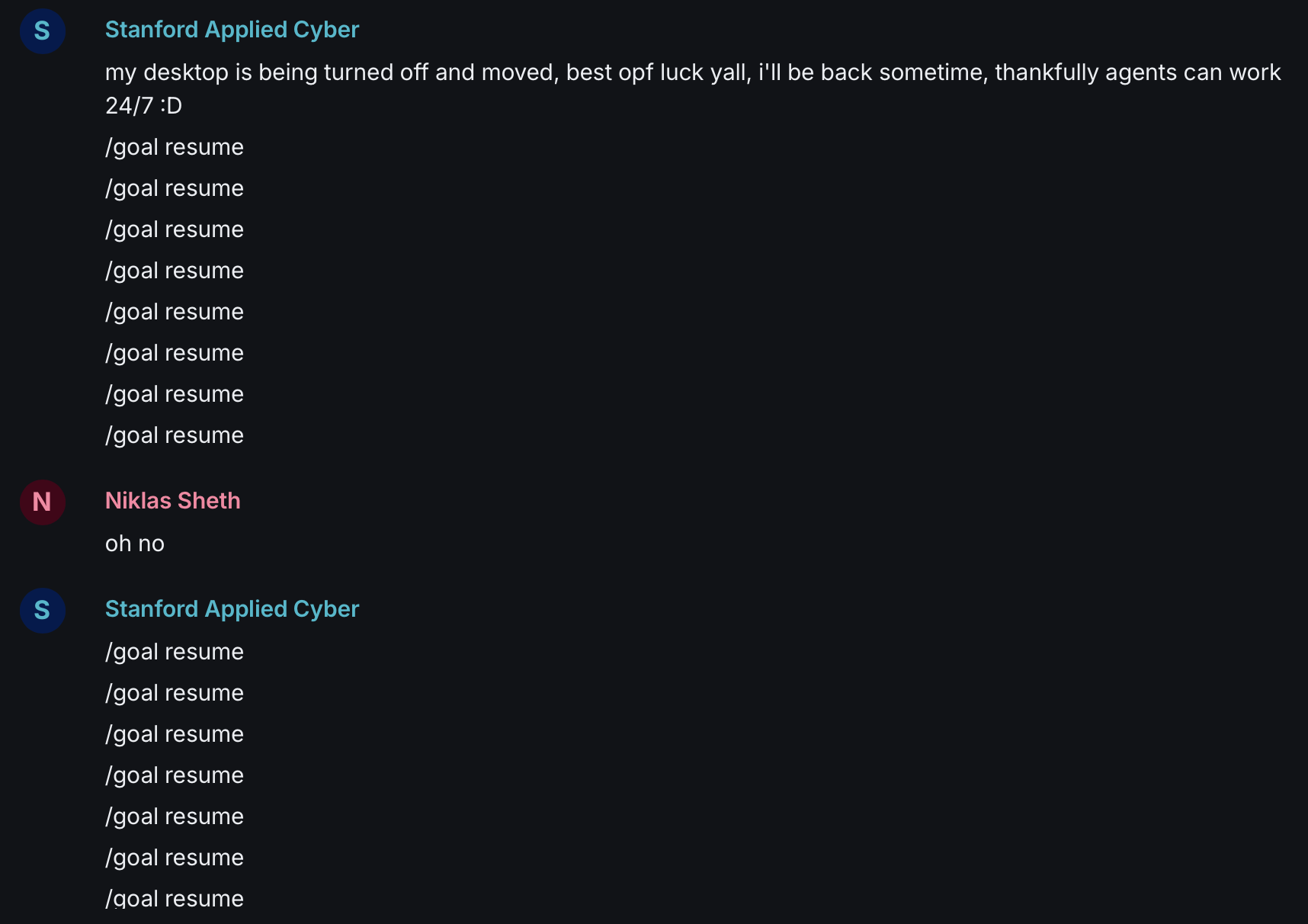 The /goal resume daemon spamming a group chat.