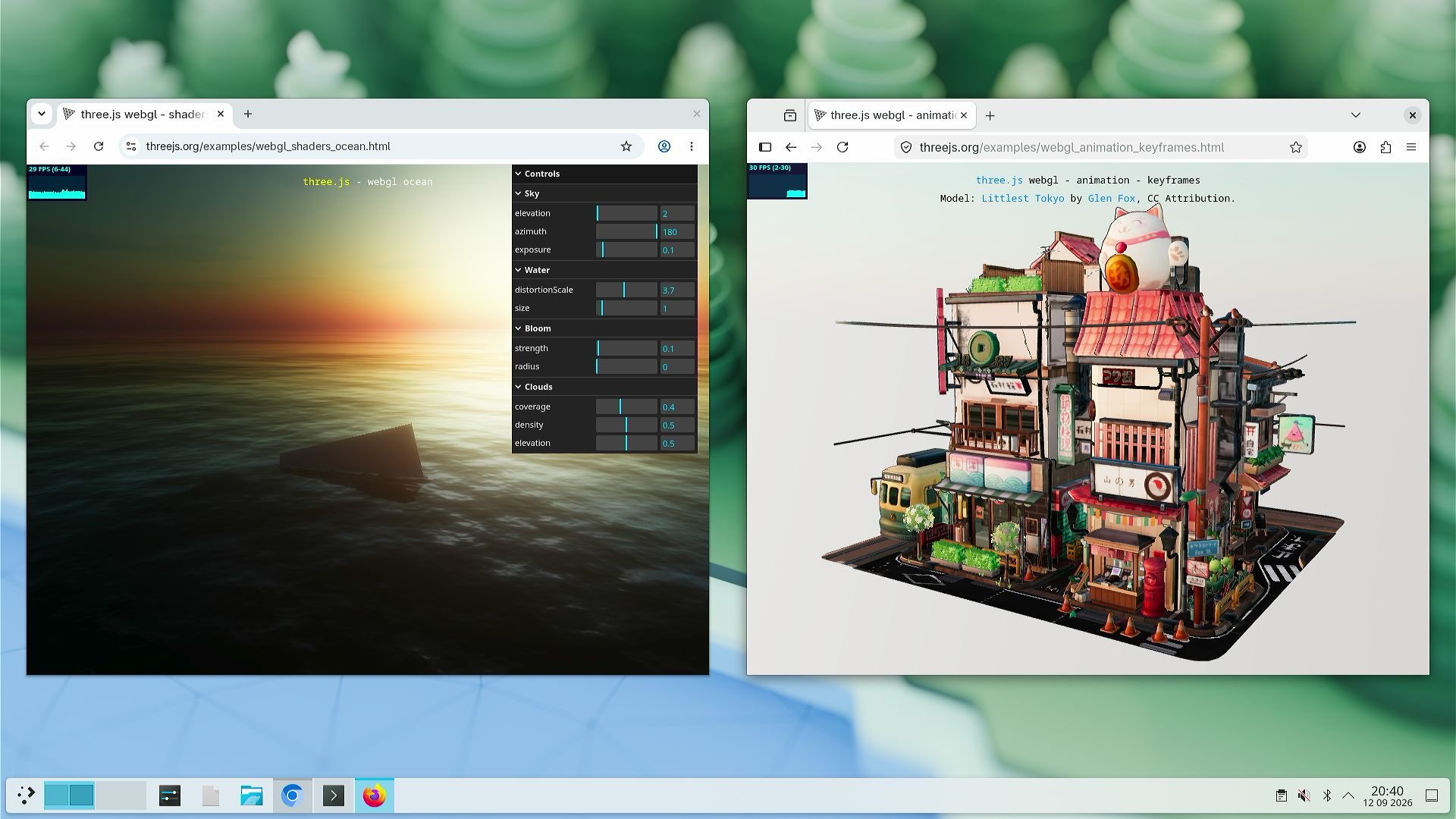 Chrome and Firefox running three.js WebGL demos on our driver.